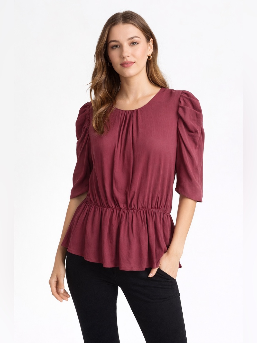 NWT Hudson North Burgundy Puff Sleeves Top Size L